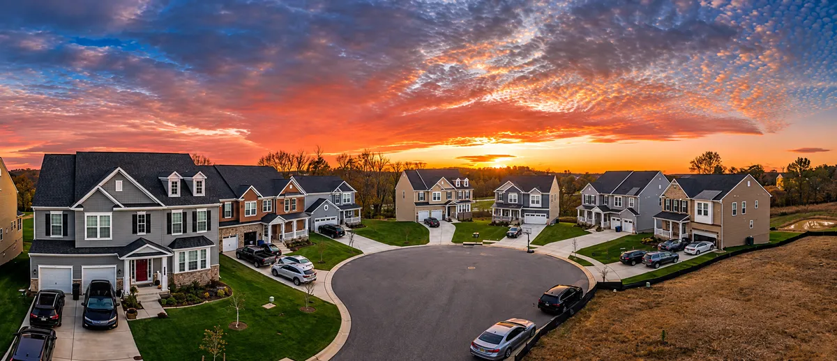 Homes in a residential neighborhood at sunset